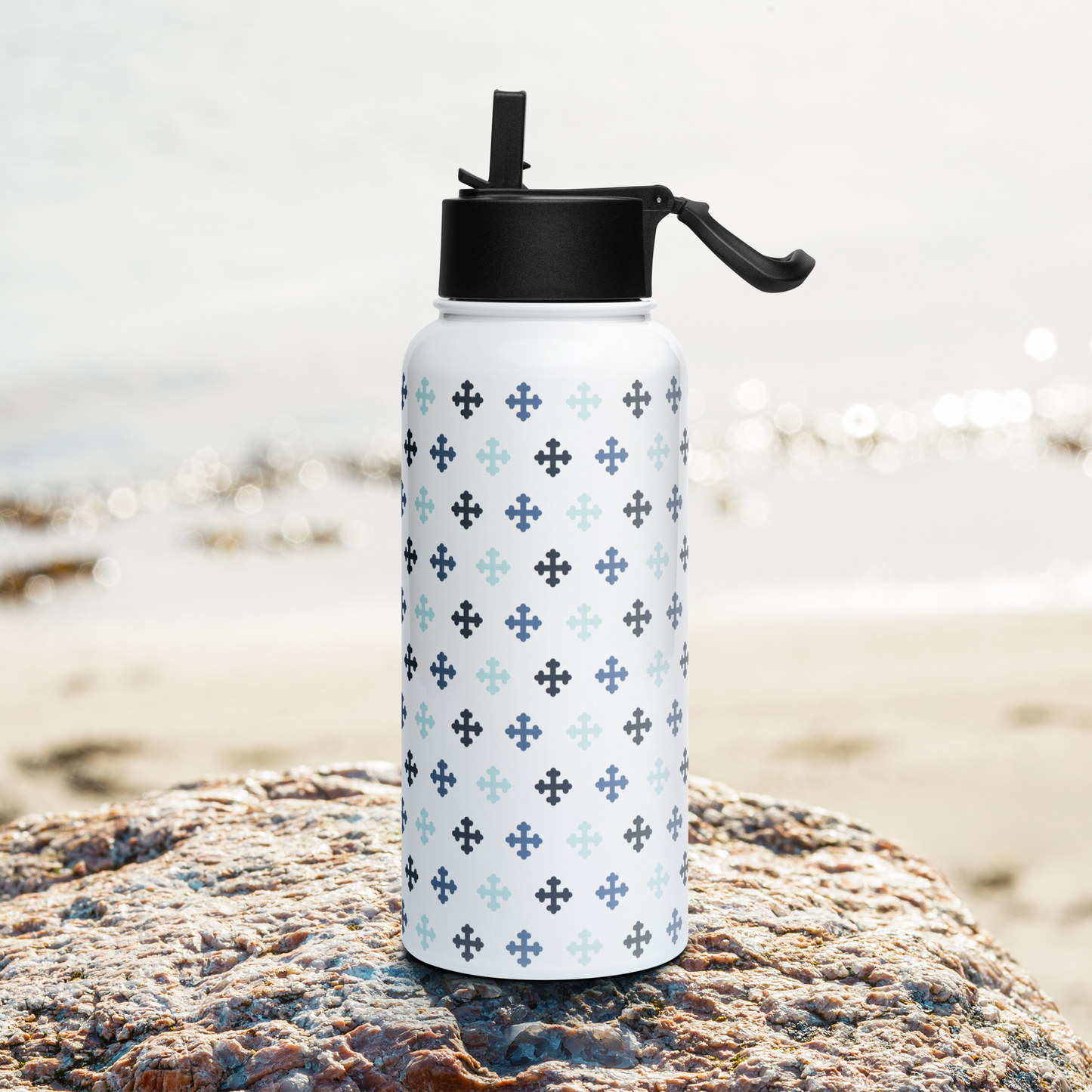 Coptic Central Cross Pattern Stainless steel water bottle with a straw lid