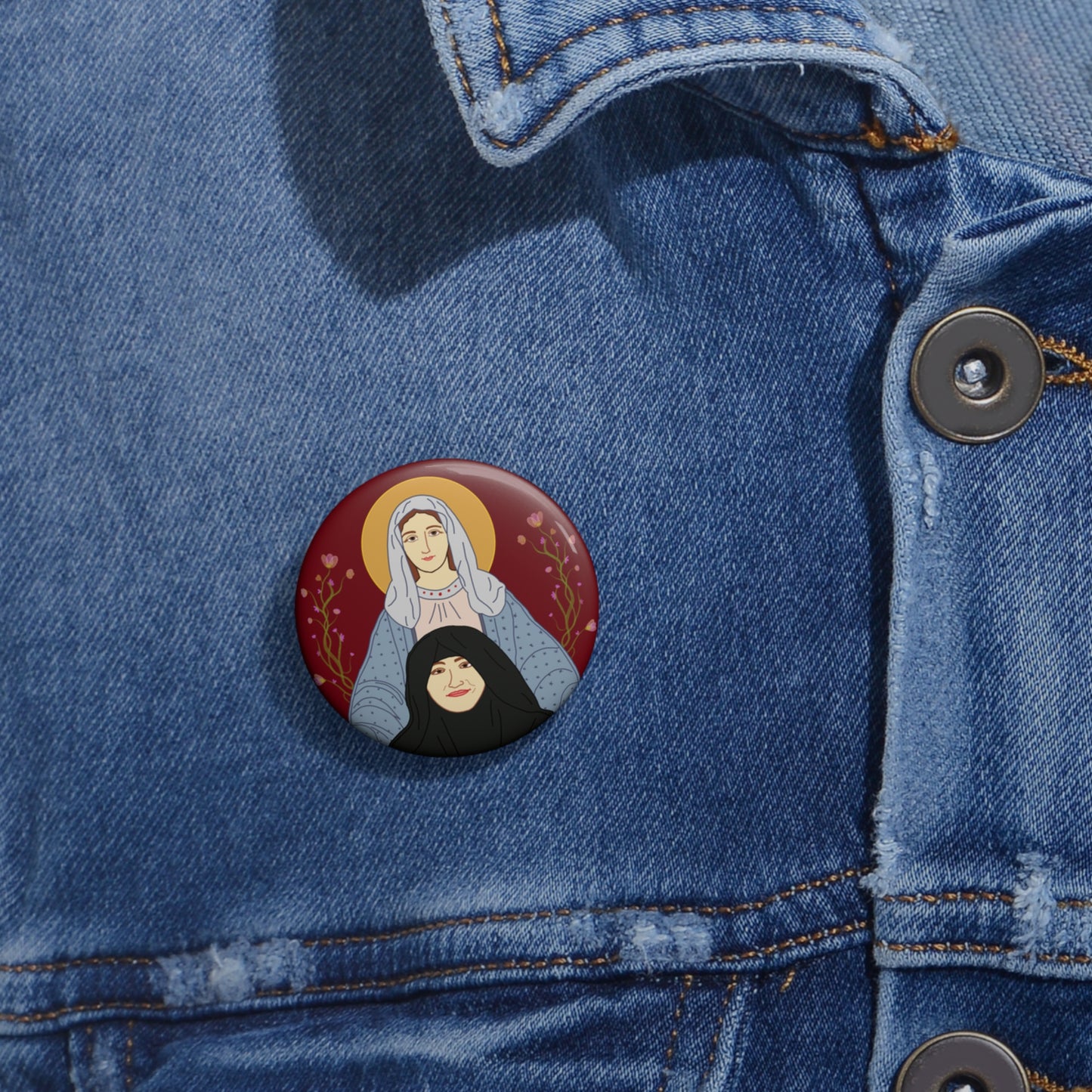 St. Mary & Tamav Erene Custom Pin Buttons, Humorous Pins, Funny Gifts, Quirky Badges, Religious Pin Badges