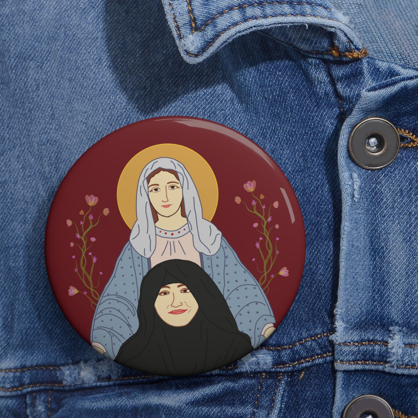St. Mary & Tamav Erene Custom Pin Buttons, Humorous Pins, Funny Gifts, Quirky Badges, Religious Pin Badges